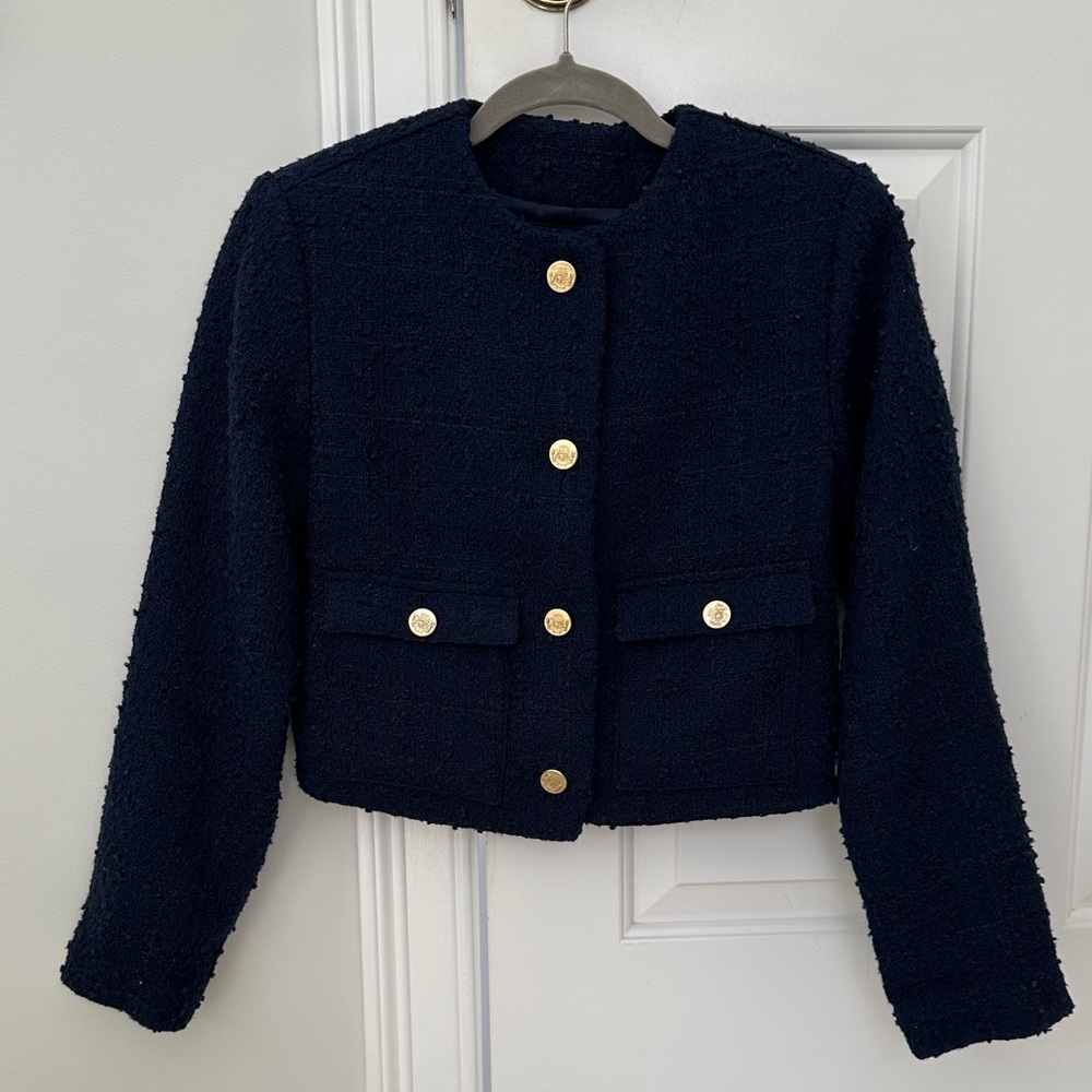 NWT Abercrombie & Fitch Collarless, Cropped Boucle Jacket, Navy, XS